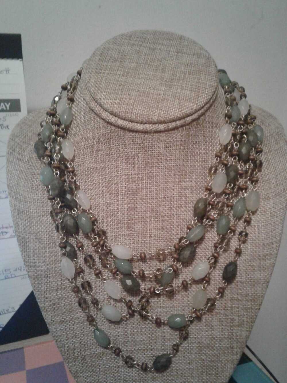 Jewelry Set Six Strand Matte Finish Faceted Green Glass Necklace & Earrings LNC